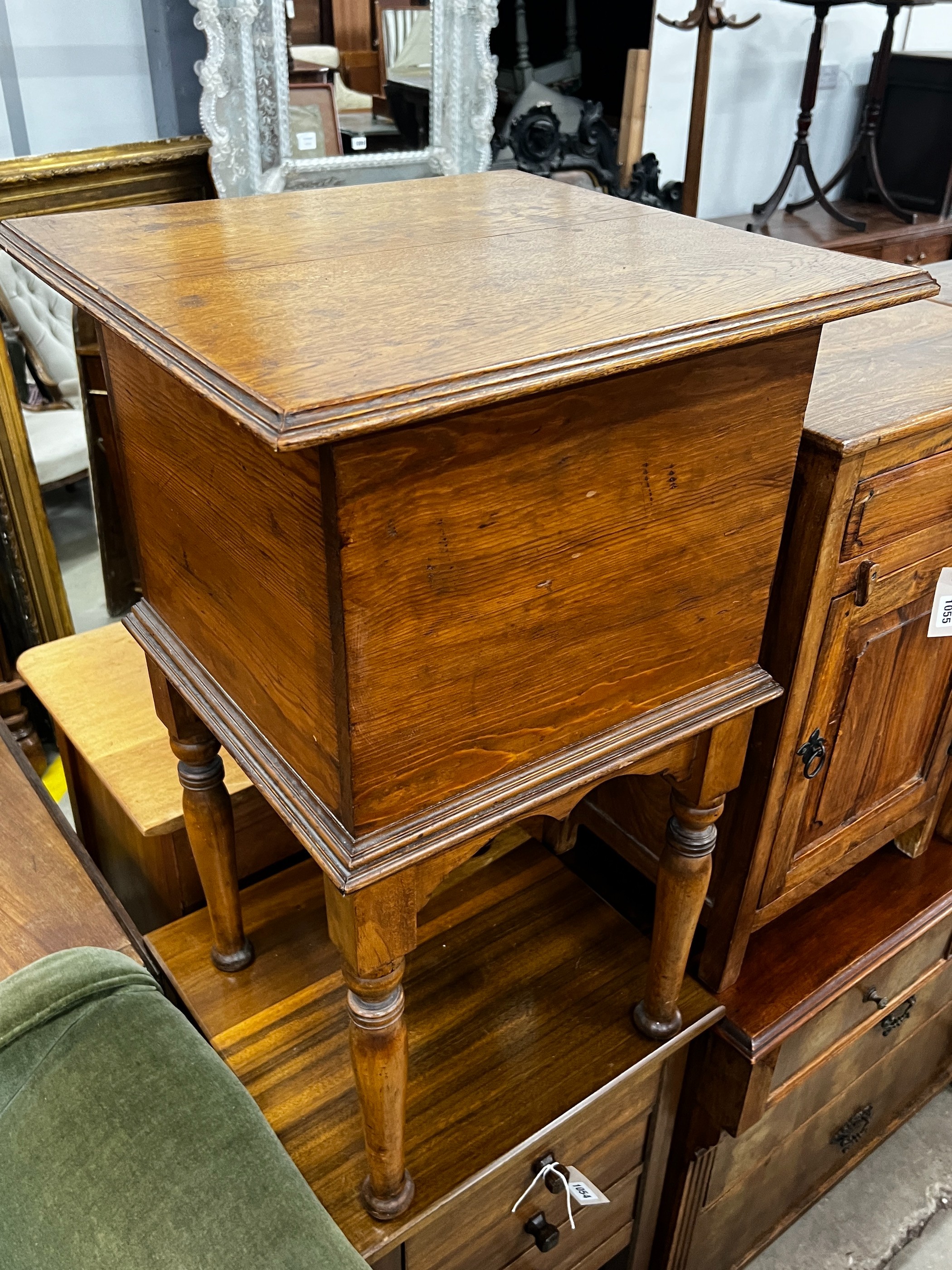 A mid century teak three drawer bedside chest, height 77cm together with an oak and pine workbox